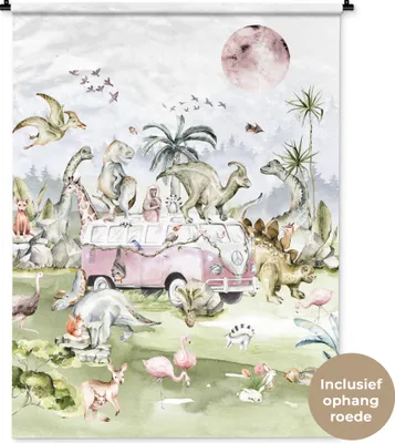 Produktbild von MuchoWow® Wandteppich Wandbehang Dinosaurier - Kinder - Bus - Bäume - Tiere - Kinder 120x160 cm Tapisserie Dekoration Wandtuch - Wohnzimmer - Moderne