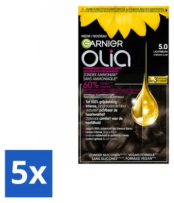 Imagen del producto de 5 unidades de tinte permanente para el cabello Garnier Olia 5, color castaño claro, sin amoníaco, pack económico