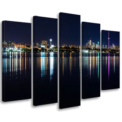 Produktbild von 5-teiliges leinwandbild new york city nacht 100x70 cm Feeby schwarz wandbild bereit zum aufhängen