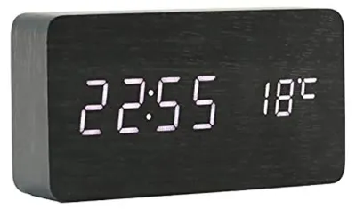 Digitaler Holz-Wecker mit LED, Sprachsteuerung, 3 Alarmen, USB