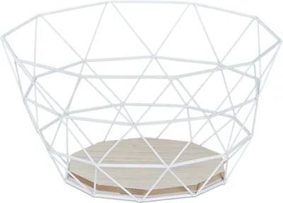 Zdjęcie produktu dla Kosz na owoce Relaxdays, ozdobna miska na owoce, owoce i warzywa, żelazo i drewno, styl industrialny, wymiary: 14,5 x 28 x 28 cm, biały