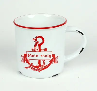Produktbild von Moin Moin Anker Kaffeebecher Kaffeepott weiß ROT "Rusty" Emaille-Optik Tasse Becher