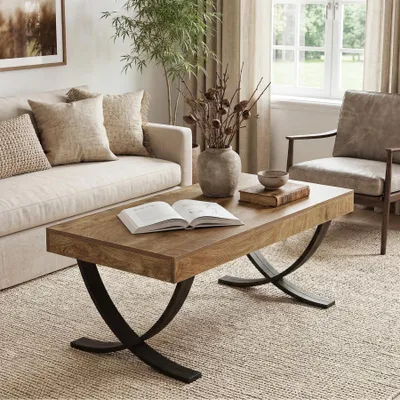 Produktbild von Tribesigns Couchtisch Holz, moderner Wohnzimmertisch Industriestil, mit geschwungenenKreuzbeinen, dicke Tischplatte mit Holzmaserung, rustikales Braun