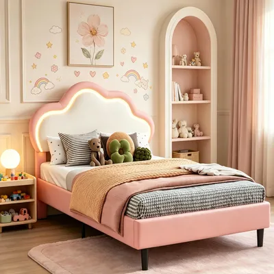 Produktbild von INONEFT Polsterbett 90x200cm, Mädchenbett, Prinzessinnenbett mit LED-Kopfteil, Kinderbett mit Lattenrost für Kinder und Jugendliche, PU, rosa
