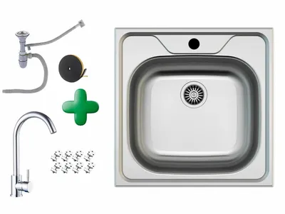 A collection of kitchen sink components and a sink basin are laid out on a white background.