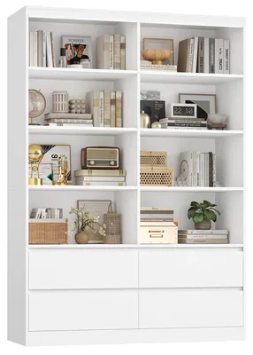 Immagine prodotto di Libreria - Mobile a parete indipendente - Libreria alta a 7 ripiani - 8 scomparti aperti - Con cassetti e ante - 120x30x180 cm - Bianco