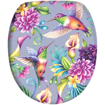 A toilet seat cover with a floral and hummingbird design.
