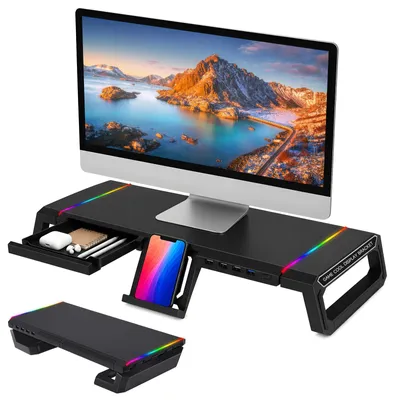 Produktbild von Monitorständer für den Schreibtisch - Verstellbare Monitorerhöhung - Verstellbare Länge - Für Laptops von 33–61 cm - Für Tischplatten bis 7 cm - Aufbewahrungsschublade - Schwarz