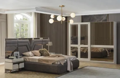 Produktbild von Garnitur Schlafzimmer Doppelbett Bett Nachttische 4tlg Grau Schrank