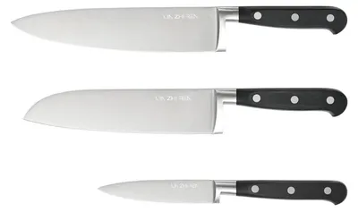 Immagine prodotto di Set di coltelli da cucina in acciaio inossidabile, composto da tre pezzi: coltello da chef, coltello da taglio e coltello spelucchino, con manico ergonomico