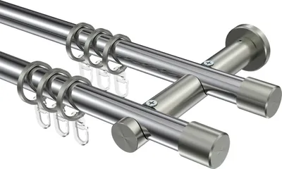 Produktbild von Interdeco Gardinenstange / Vorhangstange Chrom / Edelstahl-Optik, Typ Platon Santo (Kappe), 20 mm Ø 2-läufig, 220 cm