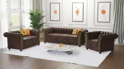 Produktbild von S-STYLE MÖBEL - Vibe - Chesterfield Polstergarnitur 3+2+1 aus Dunkelbraun Vintage Optik Microfaser mit Holzfüßen, B/T/H: 3er - 203 cm/ 86 cm / 72 cm