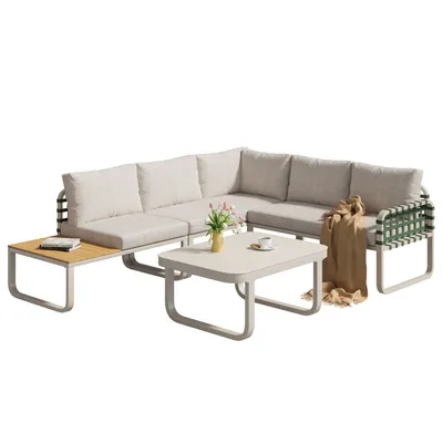 Immagine prodotto di Abrihome set di mobili da giardino 4 pezzi per 5 persone, set di sedie da giardino con tavolo e cuscini, beige