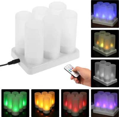 Produktbild von Sada 6 dobíjecích LED měnících se barev blikajících bezplamenných čajových svíček s dálkovým ovládáním USB 5V matné šálky nabíjecí stanice pro vánoční večírky svatby
