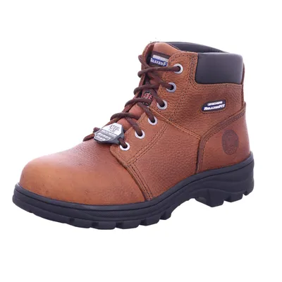 A single brown work boot is shown against a white background.