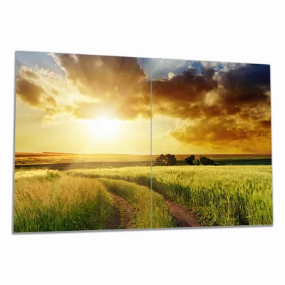 Produktbild von Wallario Herdabdeckplatte aus Glas, Größe 80 x 52 cm 2-teilig, Motiv Feldweg in den Sonnenuntergang