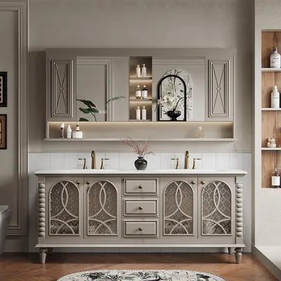 Produktbild von Badmöbel-Set mit Sinterstein Waschbecken und Spiegelschrank, Badezimmer Set, Waschtisch mit Unterschrank, Waschtischkombination Grau 130cm /JGHUI/