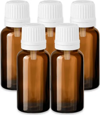 Produktbild von 5x Glasflasche braun 20 ml mit weißem Tropfeinsatz Tropfflasche 18 mm