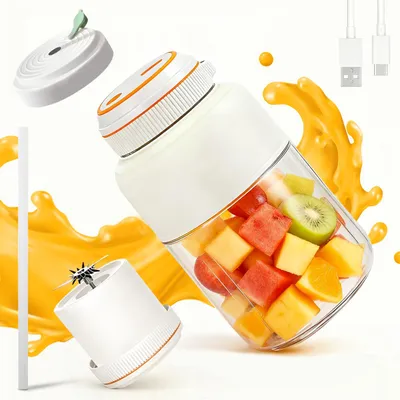 Produktbild von Tragbarer Entsafter, tragbarer 800-ml-Saftbecher mit Strohhalm und Deckel zum Direkttrinken, geeignet für Partys, Reisen, Fitnessstudio usw