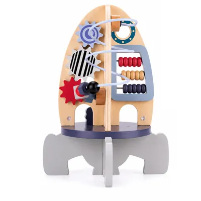 Produktbild von Montessori Aktivitätszentrum Rakete aus Holz – Baby Motorikspielzeug mit Perlenbahn, Zahnradspiel und Formenlernen für Kleinkinder