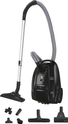 A black Hoover vacuum cleaner with its accessories displayed on a white background.