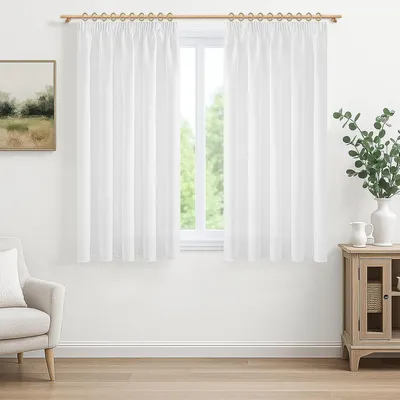 Image de Rideaux courts avec ruban froncé, 130x140 cm, lot de 2, blanc, aspect lin, semi-transparents, pour cuisine