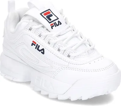 A white Fila Disruptor sneaker is shown from a three-quarter front angle against a white background.
