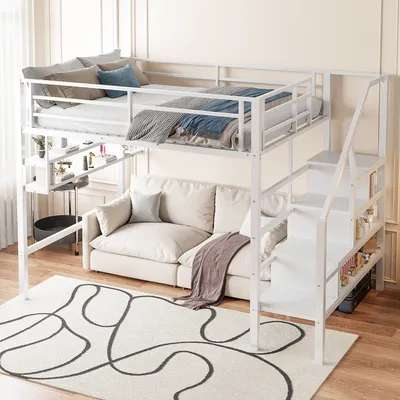 Produktbild von MODFU Hochbett Jugendbett Metallbett 140×200cm mit Einlegeböden & Stauraumleiter Bettgestell mit Geländer Freiraum unter dem Bett zum Verkleiden,ohne Matratze, Weiß