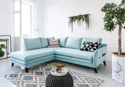 Produktbild von MIUFORM Charming Charlie - Ecksofa mit Bettfunktion und Bettkasten L-FORM LINKS - 234x200cm - Aqua - Sofa Schlafsofa Couch