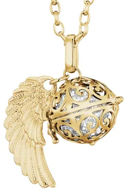 Produktbild von Morella Damen Halskette gold Edelstahl 70 cm mit goldenem Anhänger Engelsflügel und Klangkugel Zirkonia weiß Ø 16 mm in Schmuckbeutel