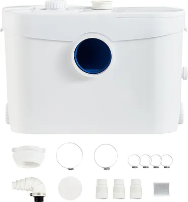A white macerator pump and its accessories are displayed against a white background.