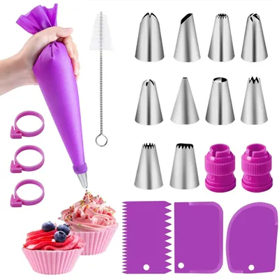 Produktbild von OKWISH Spritzbeutel mit Tüllen Set 40-teilig-10 Spritztüllen -Wiederverwendbare Silikonbeutel & 20 Einweg Spritzbeutel mit Reinigungsbürste & Adapter