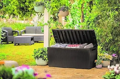 Produktbild von Famanu Aufbewahrungsbox Sitzgelegenheit, Kissenbox, braun, abschließbar, wetterfest, 123 x 53,5 x 57 cm, 305 Liter