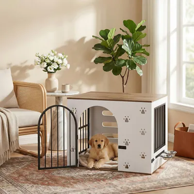 Immagine prodotto di Mobile per cani, con stazione per il cibo. Gabbia per cani da interno, in legno. Tavolino laterale, cuccia per cani. Colori: bianco, marrone chiaro