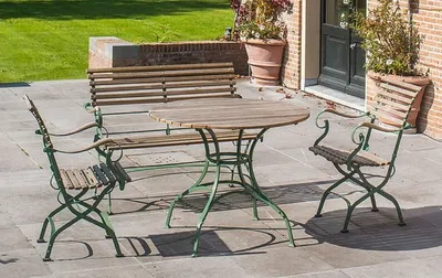 Produktbild von Casa Padrino Luxus Jugendstil Gartenmöbel Set Naturfarben / Grün - 1 Garten Tisch & 1 Garten Sitzbank & 2 Garten Stühle - Garten Möbel - Terrassen Möbel - Gastronomie Möbel