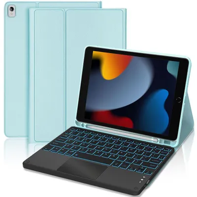 Image de Coque Clavier pour iPad 10,2 Pouces (2019/2020/2021) Cuir Synthétique Bleu avec Clavier Rétroéclairé