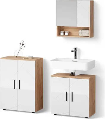 Produktbild von Badmöbel-Set Livinity Ronco Weiß Hochglanz/Goldkraft Eiche 3 Teile, mit Unterschrank 60 cm, Model 52829