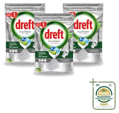 Produktbild von 3 x Dreft Platinum All-in-One Spülmaschinentabs Original - 879 g - Vorratspackung - 3 Stücke