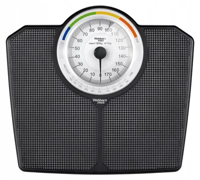 Productafbeelding van Klassieke, mechanische analoge badweegschaal tot 180 kg, zwart, merk WEBBER, met BMI-indicator