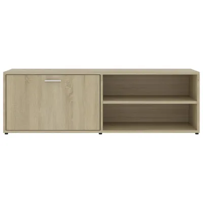A front view of a light brown wooden TV cabinet with a closed door on the left and two open shelves on the right.