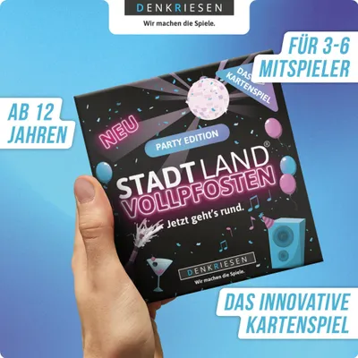 Produktbild von Stadt Land Vollpfosten® Party Edition – "Jetzt geht's rund." | Das Kartenspiel