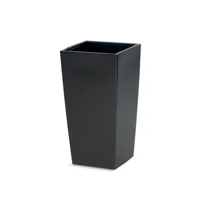 A black, tall, rectangular planter pot with a slight taper.