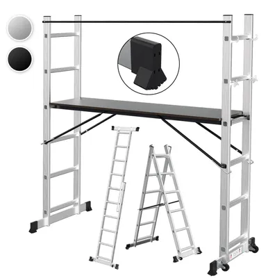 Produktbild von Peviasot Aluminium Klappgerüst Silber 6 Stufen, Mehrzweckleiter 4-in-1 mit Arbeitsplattform und Rollen, Multifunktionsleiter bis 150 kg