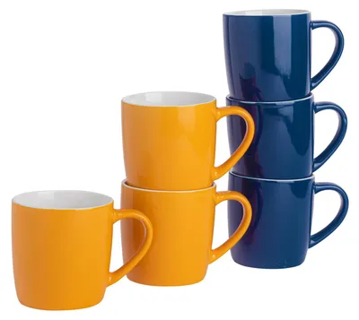 Produktbild von Argon Ta Farbige Kaffeetassen – 350 ml – Gelb/Marineblau – 6er-Pack – Robuste Teetasse aus Steingut, spülmaschinen- und mikrowellengeeignet