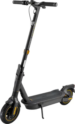 A black electric scooter with yellow accents is shown against a white background.