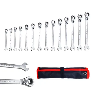 Produktbild von 14tlg Umschaltbarer Ratschenschlüssel-Satz, Ringratschenschlüssel Gabelschlüssel 6-22mm, Cr-V 72 Zähne, Werkzeug Set für Auto Reparatur, inkl. Tasche