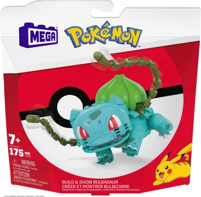 The image shows the packaging of a Mega Construx Pokemon Build & Show Bulbasaur set. The packaging features the Pokemon logo, the Mega logo, and an illustration of the Bulbasaur buildable figure.