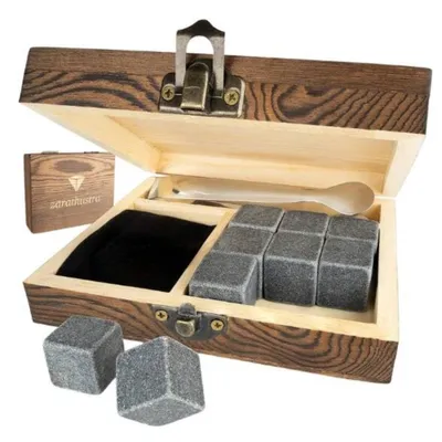Produktbild von Whisky Kühlsteine Set – 9 Naturstein Würfel in Holzbox, Geschenkidee für Männer