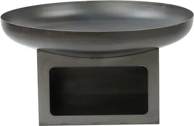 A dark metal fire bowl with a rectangular base is shown against a white background.