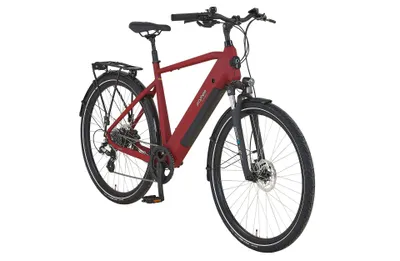 A red electric trekking bicycle is shown against a white background.